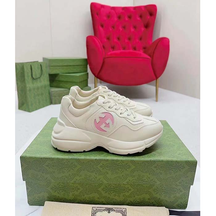 G*u*i unisex rhyton sneakers ivory leather pink interlocking g cut-out rubber sole