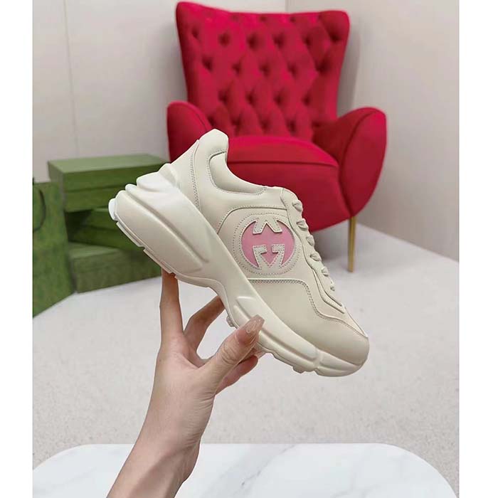 G*u*i unisex rhyton sneakers ivory leather pink interlocking g cut-out rubber sole
