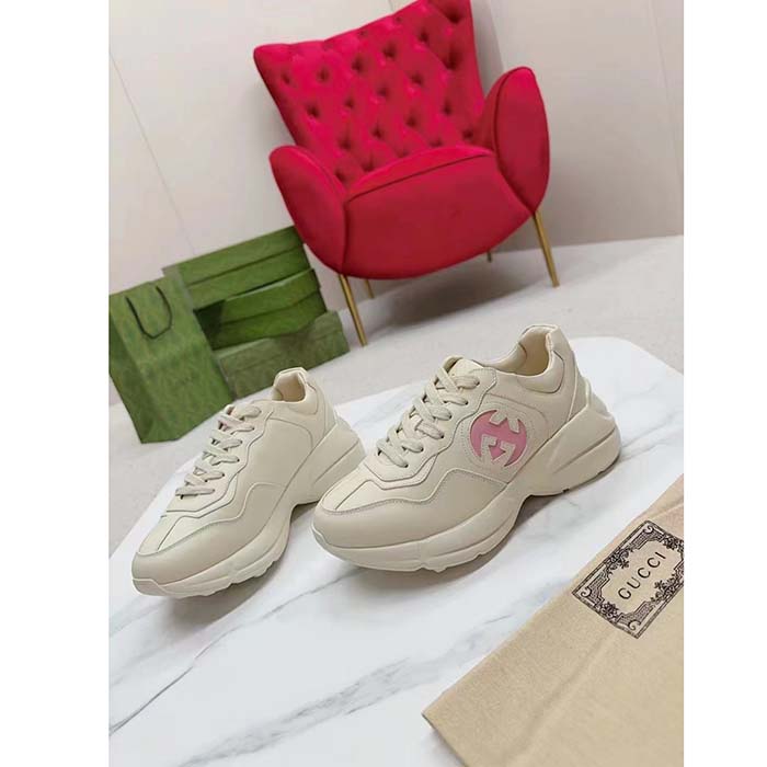 G*u*i unisex rhyton sneakers ivory leather pink interlocking g cut-out rubber sole
