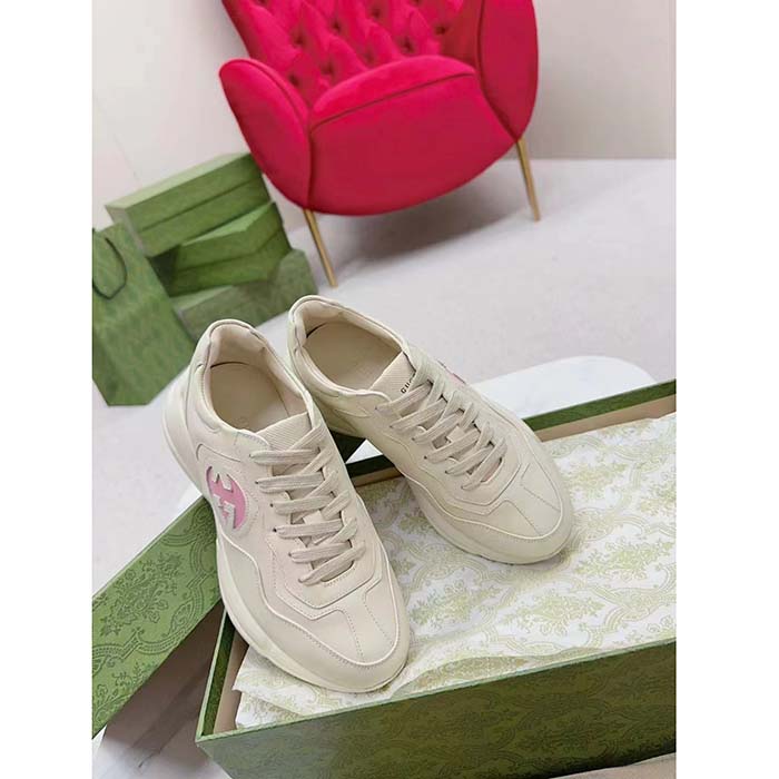 G*u*i unisex rhyton sneakers ivory leather pink interlocking g cut-out rubber sole