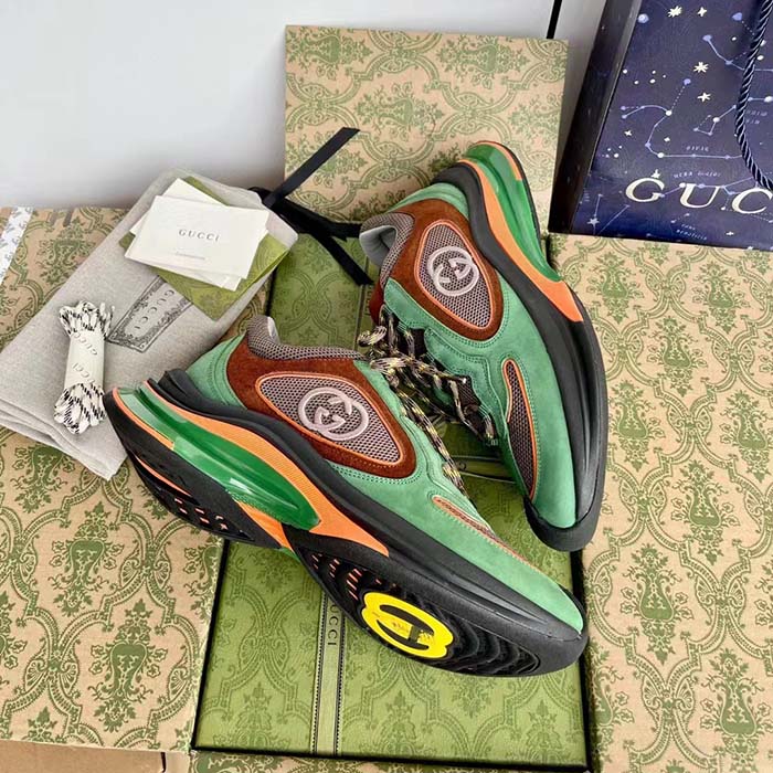 G*u*i unisex run sneaker green brown suede interlocking g bi-color rubbe low heel