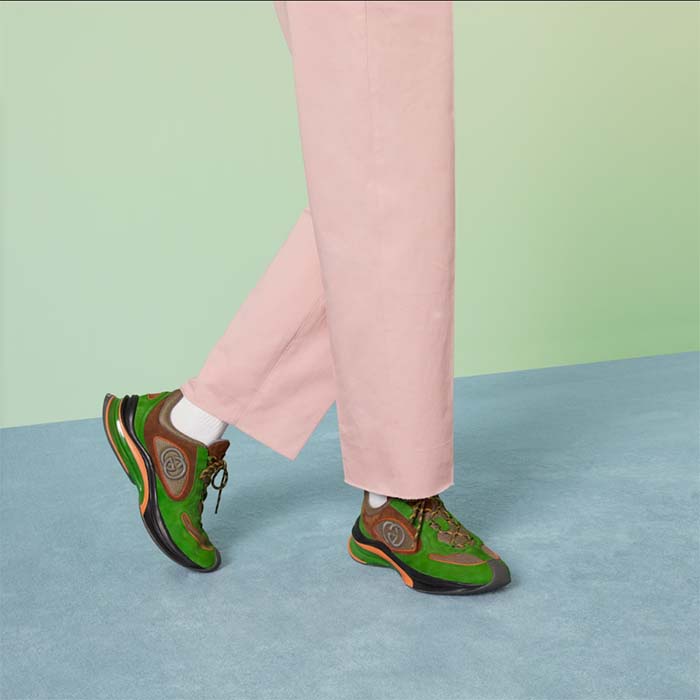 G*u*i unisex run sneaker green brown suede interlocking g bi-color rubbe low heel