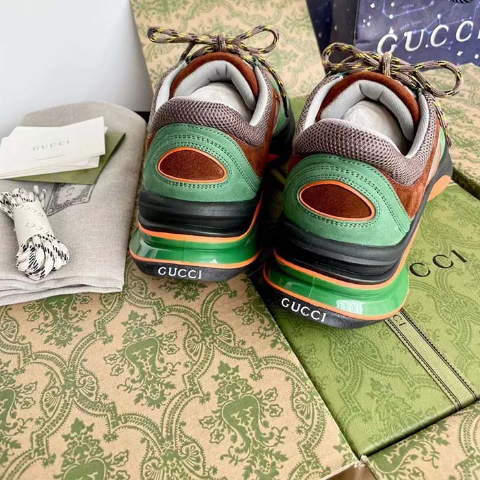 G*u*i unisex run sneaker green brown suede interlocking g bi-color rubbe low heel