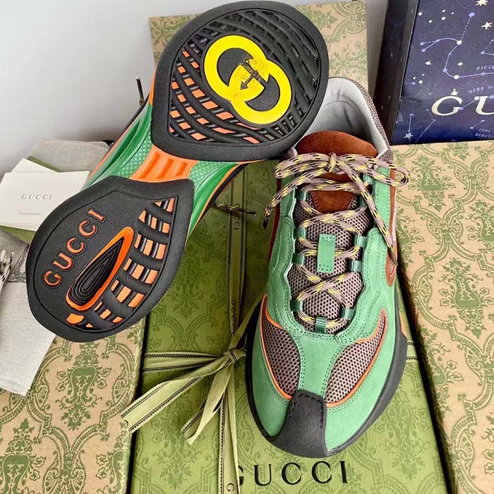 G*u*i unisex run sneaker green brown suede interlocking g bi-color rubbe low heel