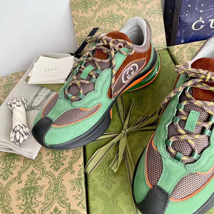 G*u*i unisex run sneaker green brown suede interlocking g bi-color rubbe low heel