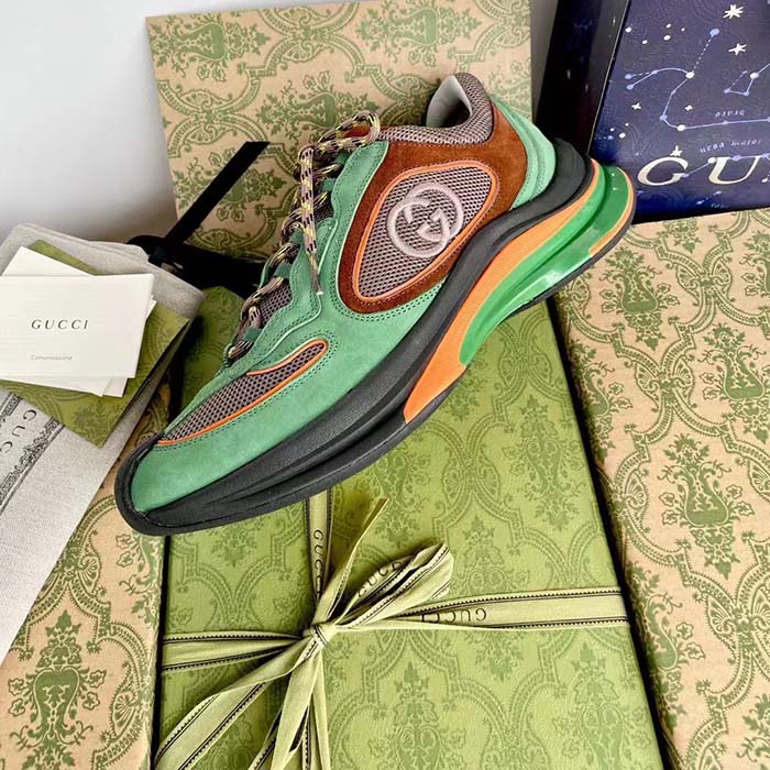 G*u*i unisex run sneaker green brown suede interlocking g bi-color rubbe low heel