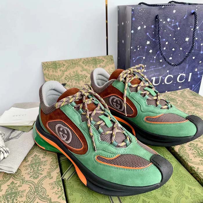 G*u*i unisex run sneaker green brown suede interlocking g bi-color rubbe low heel