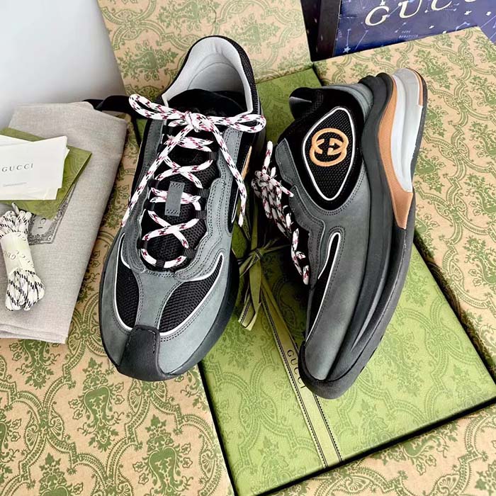 G*u*i unisex run sneaker grey black suede interlocking g bi-color rubbe low heel