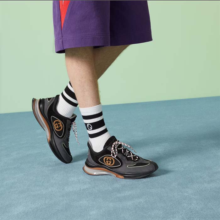 G*u*i unisex run sneaker grey black suede interlocking g bi-color rubbe low heel