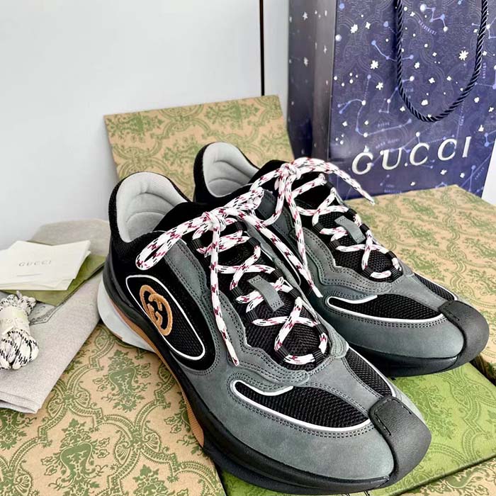 G*u*i unisex run sneaker grey black suede interlocking g bi-color rubbe low heel