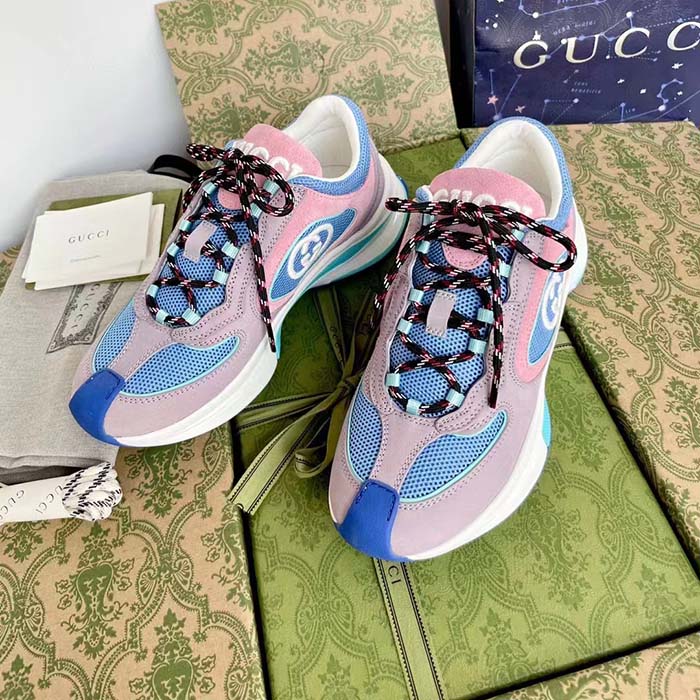 G*u*i unisex run sneaker lilac light pink suede interlocking g bi-color rubbe low heel