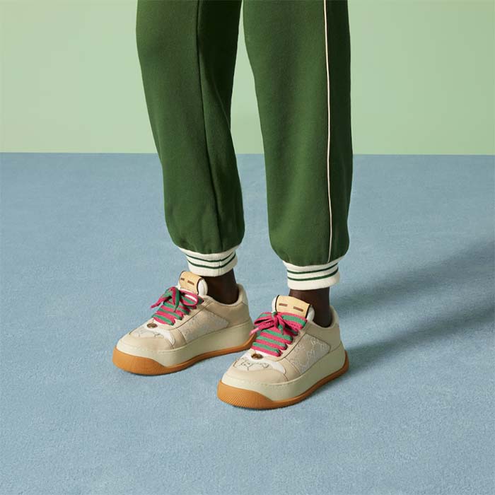 G*u*i unisex screener sneaker white gg lamé canvas chunky laces 4.8 cm heel