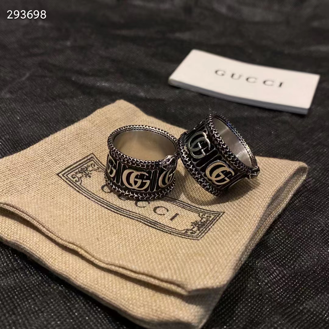 G*u*i unisex silver ring double g bi-color 925 sterling silver textured snake-shaped trim