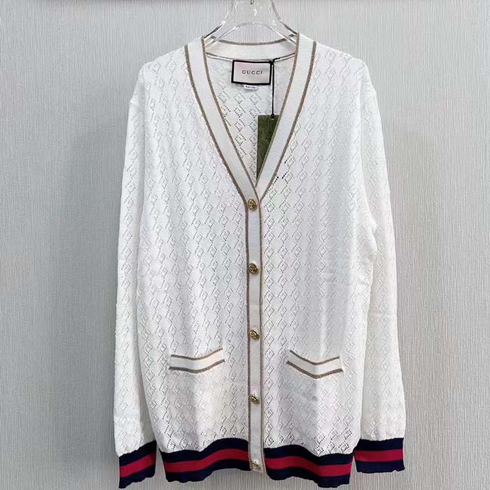 G*u*i men gg cotton cardigan web ivory g v-neck long sleeves button closure