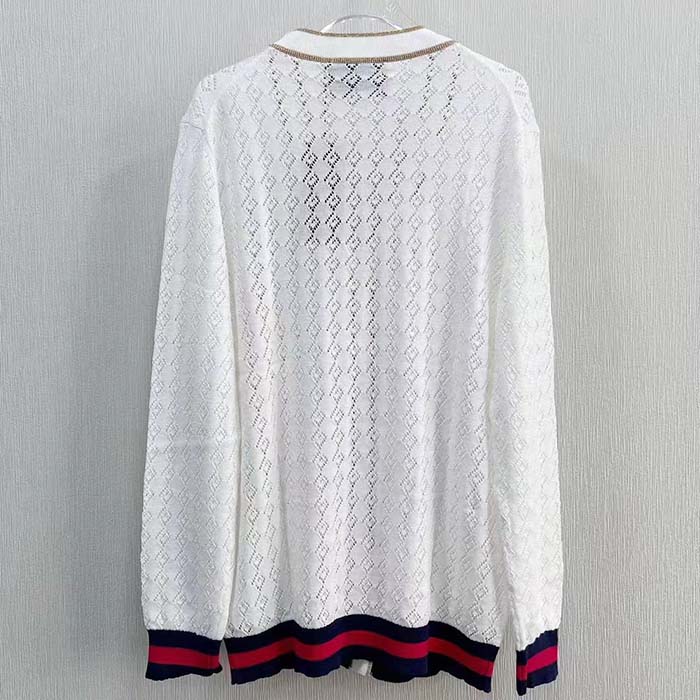 G*u*i men gg cotton cardigan web ivory g v-neck long sleeves button closure