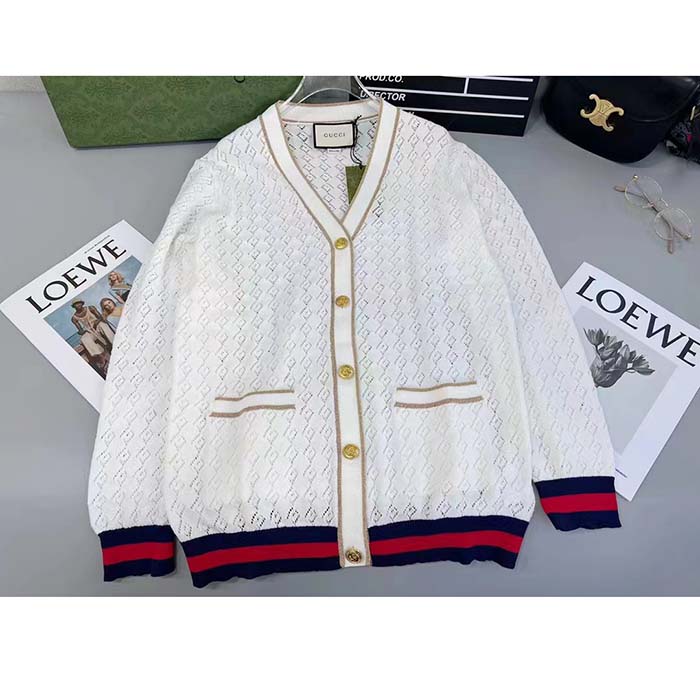 G*u*i men gg cotton cardigan web ivory g v-neck long sleeves button closure