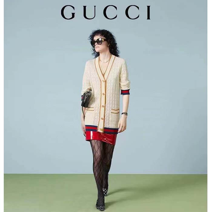 G*u*i women gg cotton cardigan web ivory g v-neck long sleeves button closure