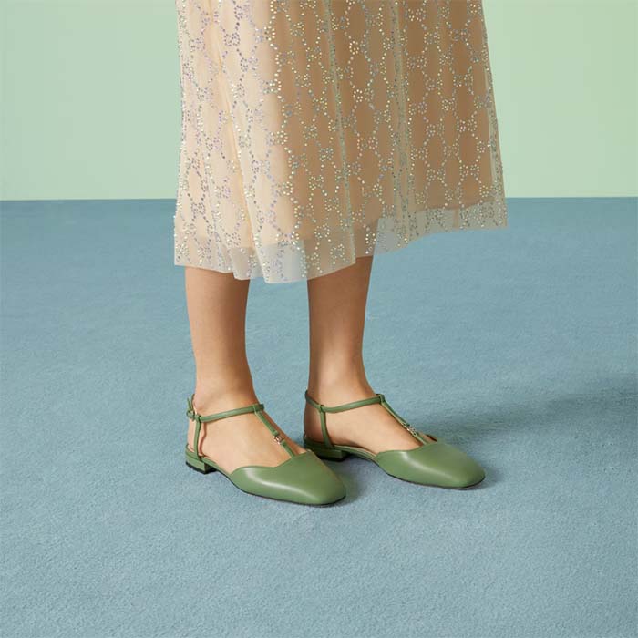 G*u*i women gg double g ballet flat light green leather square toe 1.5 cm heel