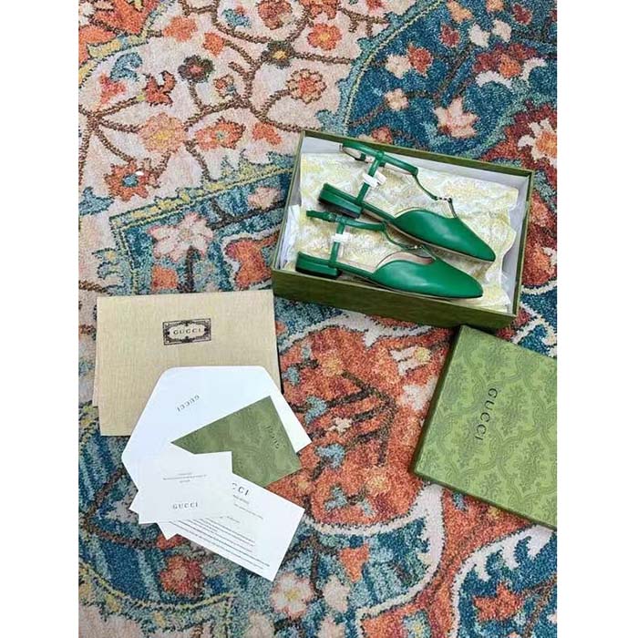 G*u*i women gg double g ballet flat light green leather square toe 1.5 cm heel