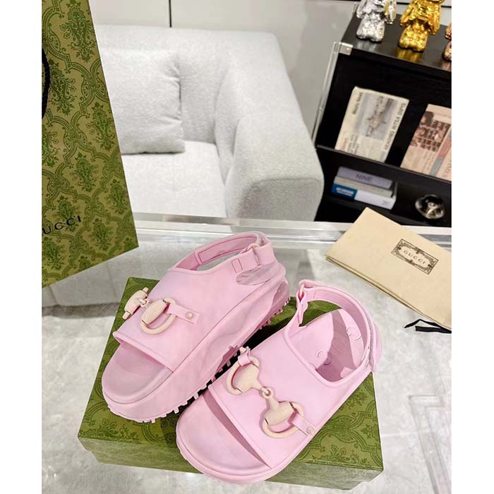 G*u*i women gg horsebit flatform sandal light pink rubber plastic horsebit