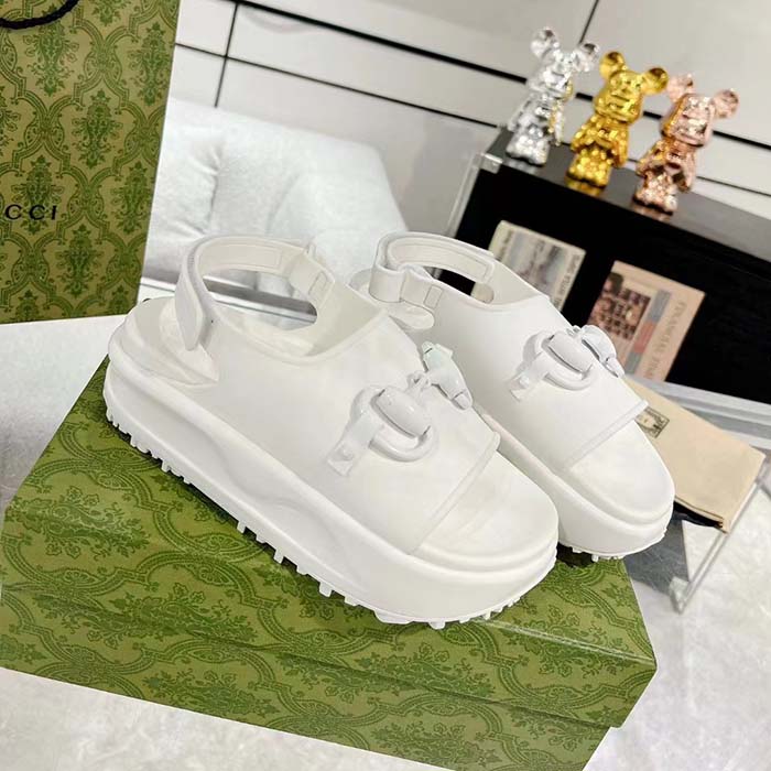 G*u*i women gg horsebit flatform sandal white rubber plastic horsebit velcro strap closure