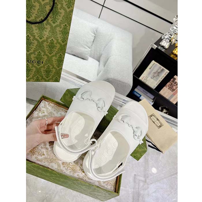 G*u*i women gg horsebit flatform sandal white rubber plastic horsebit velcro strap closure