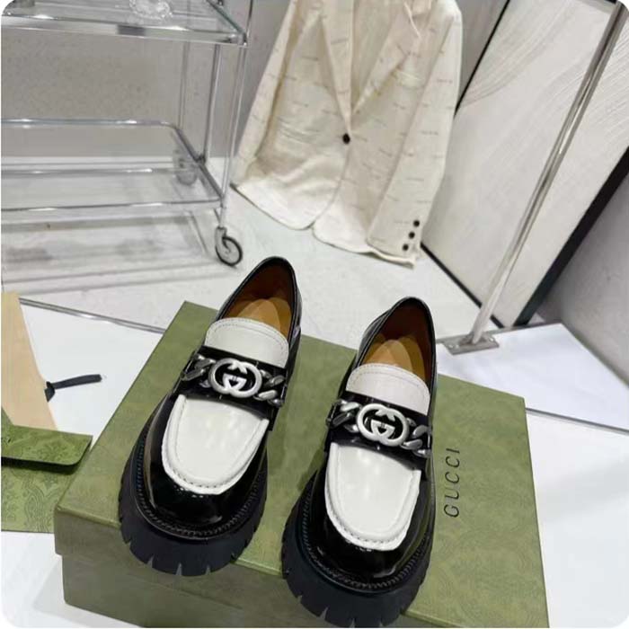 G*u*i women gg interlocking g chain loafer black white leather lug rubber sole flat