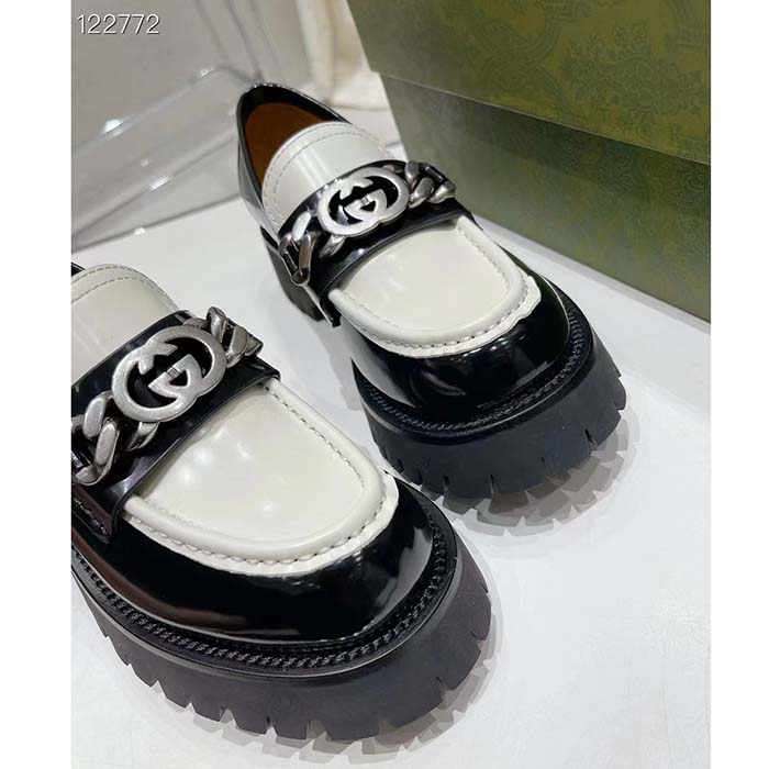 G*u*i women gg interlocking g chain loafer black white leather lug rubber sole flat