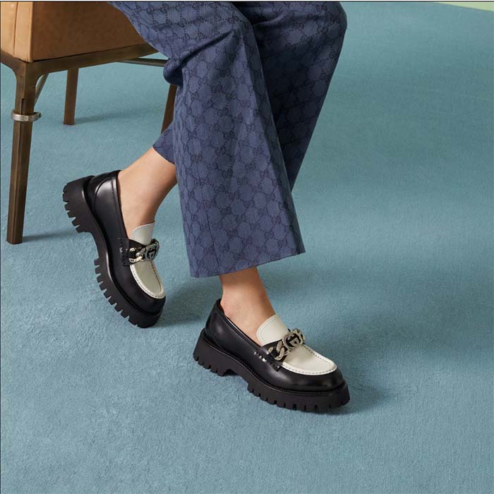 G*u*i women gg interlocking g chain loafer black white leather lug rubber sole flat