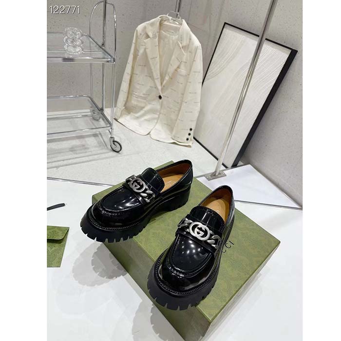 G*u*i women gg interlocking g lug sole loafer black leather rubber flat 1.5 cm heel