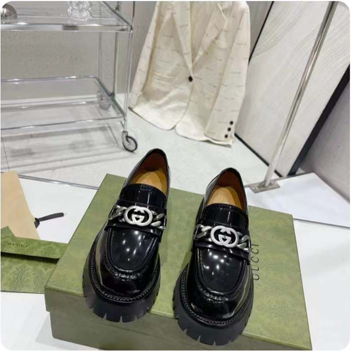 G*u*i women gg interlocking g lug sole loafer black leather rubber flat 1.5 cm heel