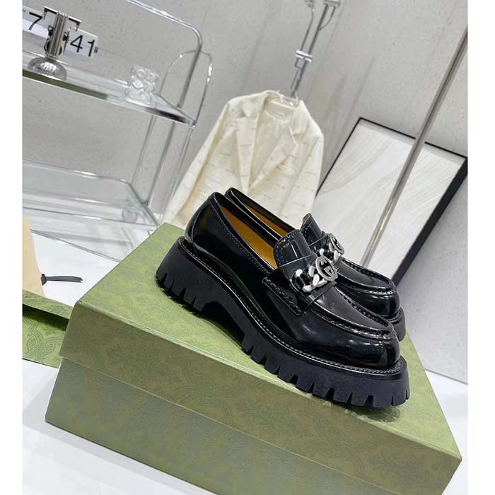 G*u*i women gg interlocking g lug sole loafer black leather rubber flat 1.5 cm heel