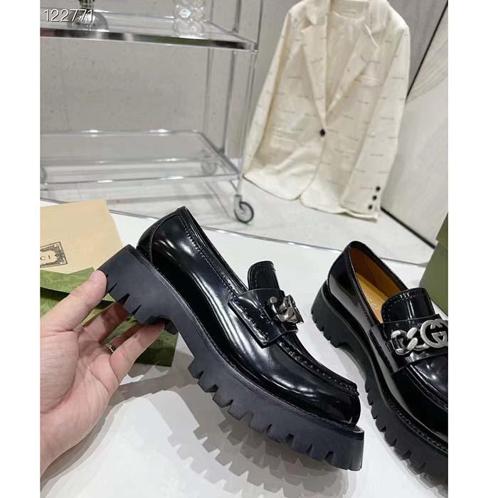 G*u*i women gg interlocking g lug sole loafer black leather rubber flat 1.5 cm heel