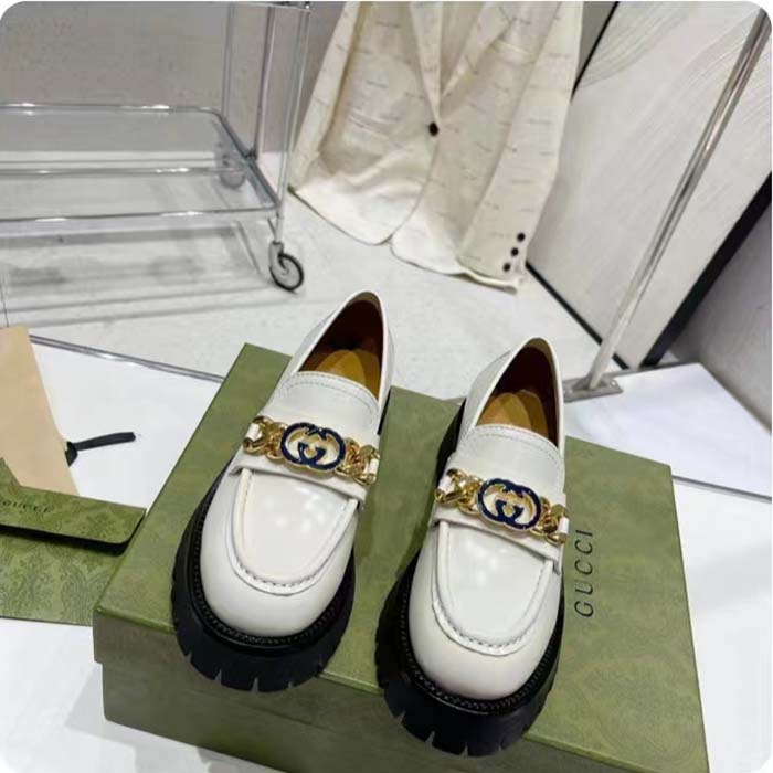 G*u*i women gg interlocking g lug sole loafer white leather rubber flat 1.5 cm heel