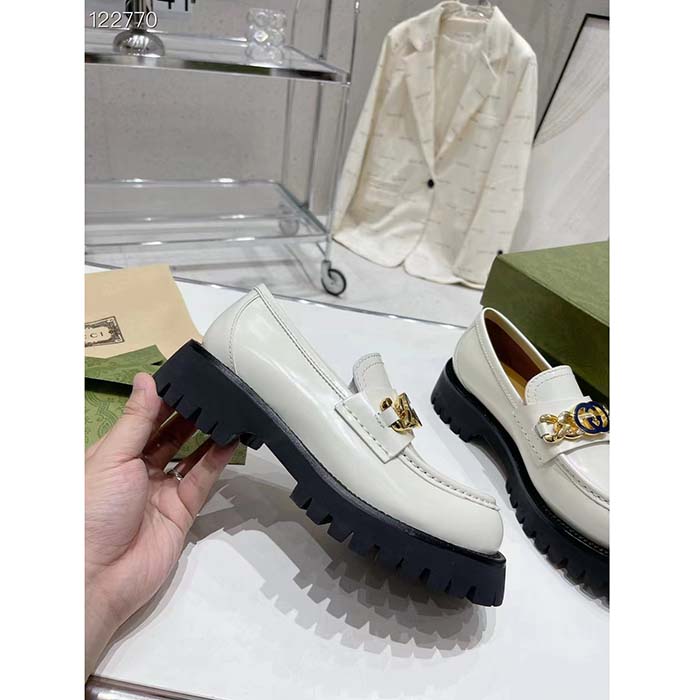 G*u*i women gg interlocking g lug sole loafer white leather rubber flat 1.5 cm heel