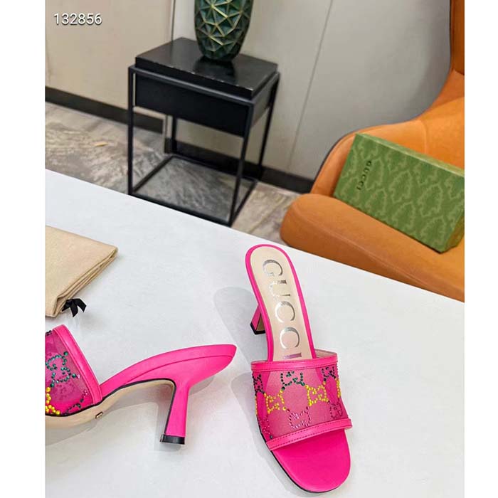 G*u*i women gg mid heel slide sandal fuchsia gg crystal mesh 7.4 cm heel
