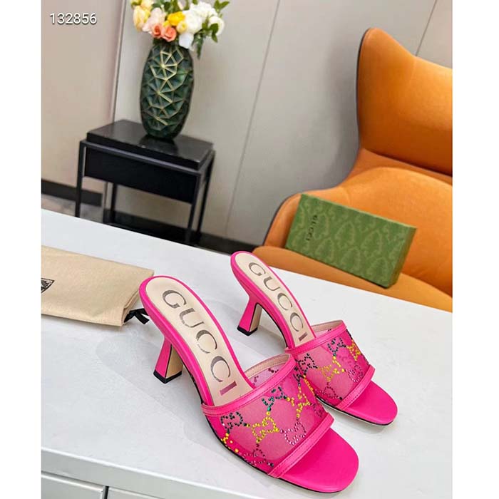 G*u*i women gg mid heel slide sandal fuchsia gg crystal mesh 7.4 cm heel