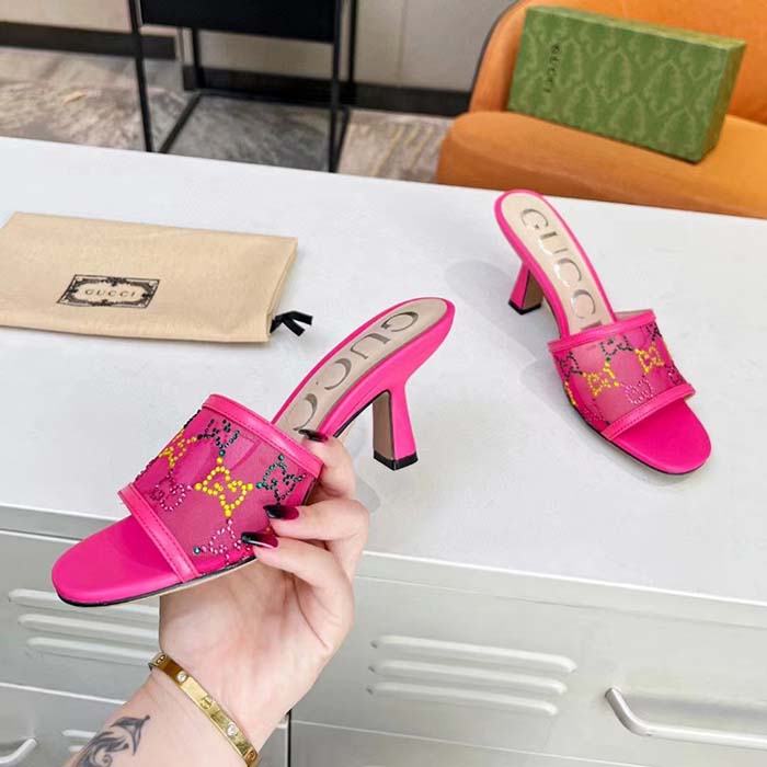 G*u*i women gg mid heel slide sandal fuchsia gg crystal mesh 7.4 cm heel