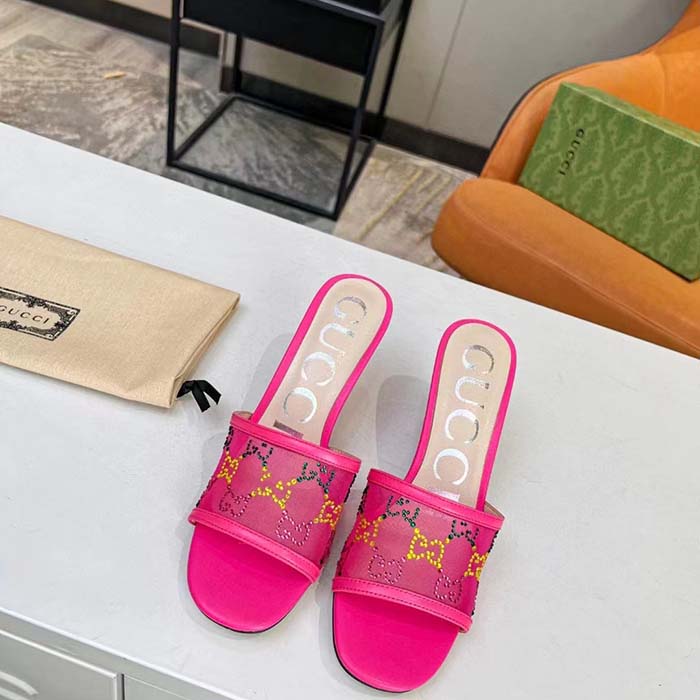 G*u*i women gg mid heel slide sandal fuchsia gg crystal mesh 7.4 cm heel