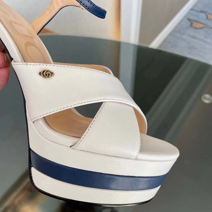 G*u*i women gg platform sandal off white blue navy leather high 13 cm heel