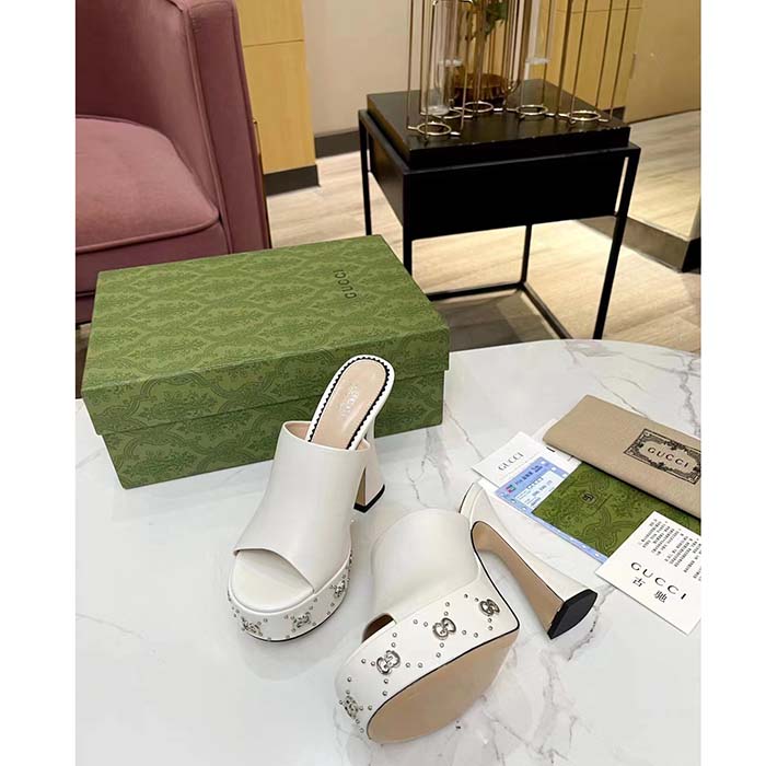 G*u*i women gg platform slide sandal off white leather spool high 11 cm heel