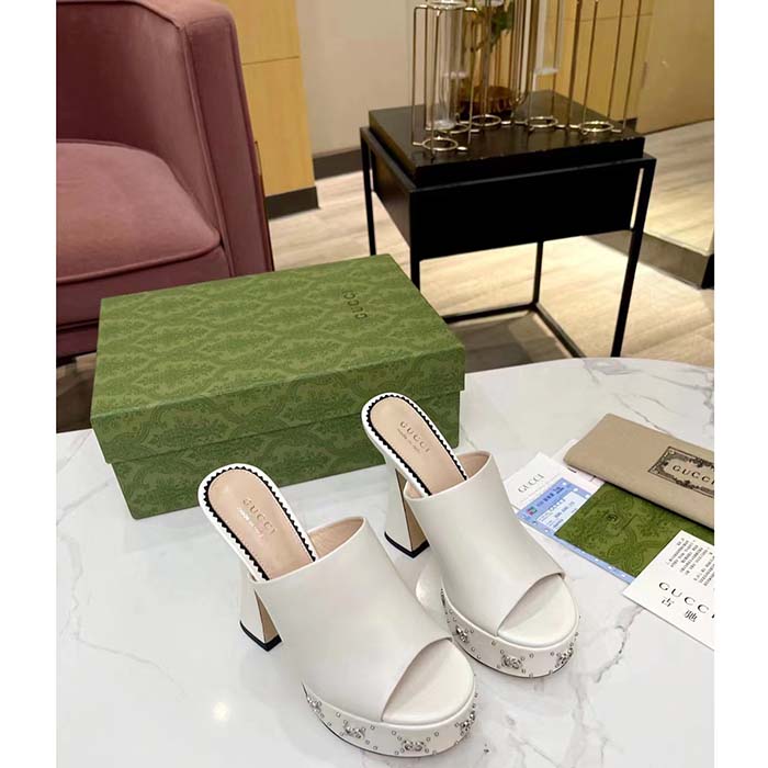 G*u*i women gg platform slide sandal off white leather spool high 11 cm heel