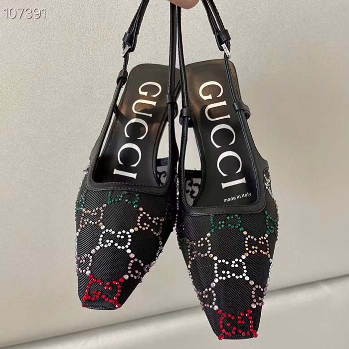 G*u*i women gg slingback pump black gg crystal mesh leather mid 7.6 cm heel