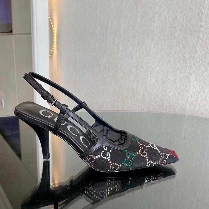 G*u*i women gg slingback pump black gg crystal mesh leather mid 7.6 cm heel
