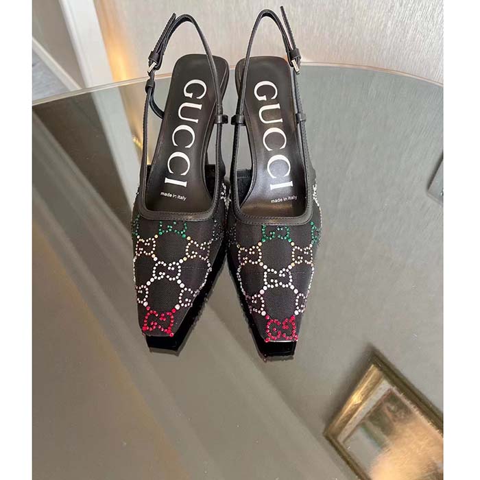 G*u*i women gg slingback pump black gg crystal mesh leather mid 7.6 cm heel