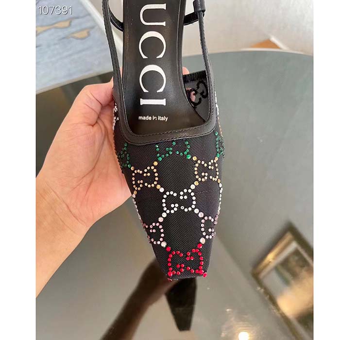 G*u*i women gg slingback pump black gg crystal mesh leather mid 7.6 cm heel