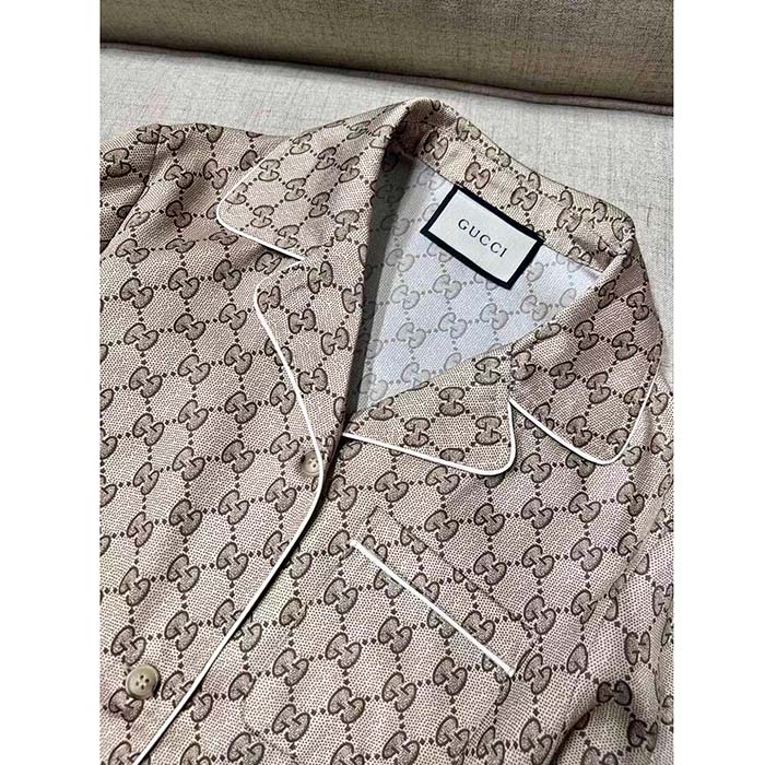 G*u*i men gg supreme print beige ebony silk piped notch collar long sleeves