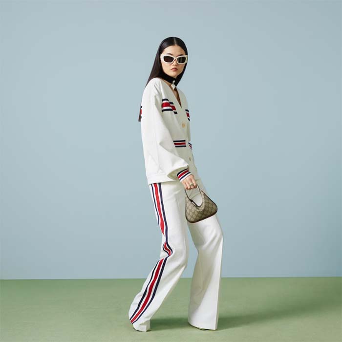 G*u*i women gg technical jersey cardigan web white v-neck dropped shoulder long sleeves