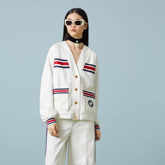 G*u*i women gg technical jersey cardigan web white v-neck dropped shoulder long sleeves