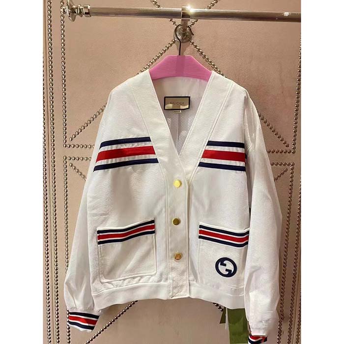 G*u*i women gg technical jersey cardigan web white v-neck dropped shoulder long sleeves